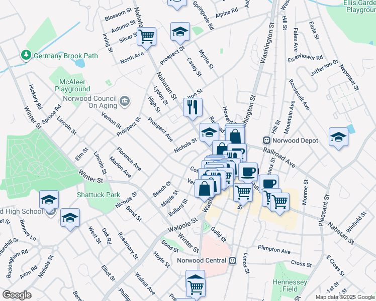 map of restaurants, bars, coffee shops, grocery stores, and more near 41 Maple Street in Norwood