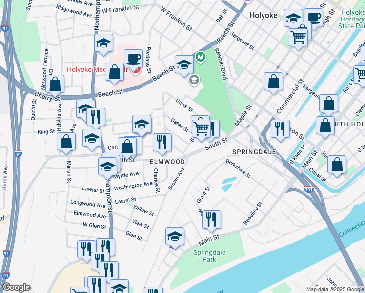 map of restaurants, bars, coffee shops, grocery stores, and more near in Holyoke