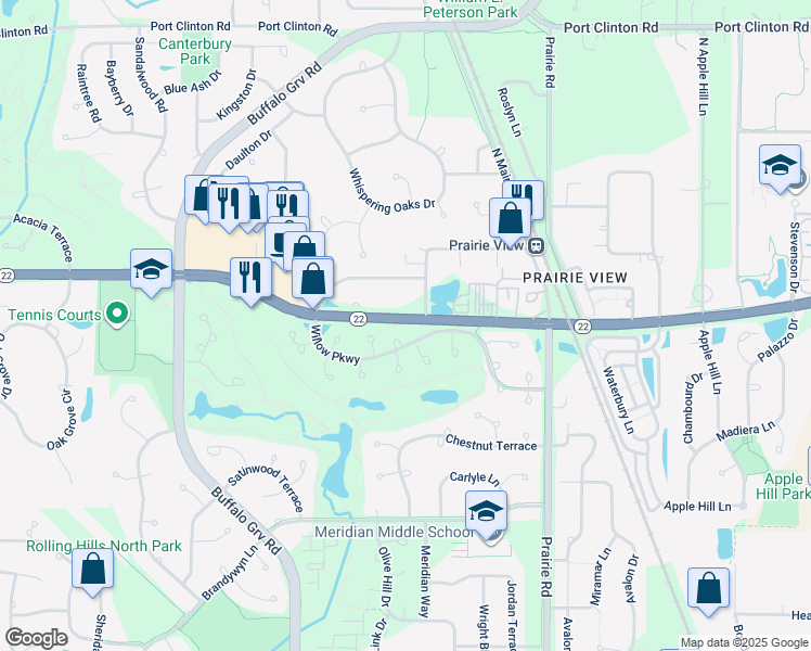 map of restaurants, bars, coffee shops, grocery stores, and more near 190 Willow Parkway in Buffalo Grove