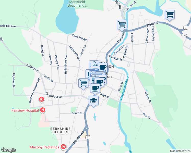 map of restaurants, bars, coffee shops, grocery stores, and more near 38 Railroad Street in Great Barrington