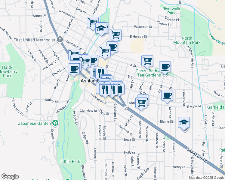 map of restaurants, bars, coffee shops, grocery stores, and more near 44 North 2nd Street in Ashland