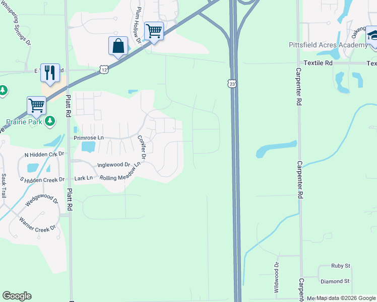 map of restaurants, bars, coffee shops, grocery stores, and more near 4320 Rolling Meadow Lane in Ypsilanti