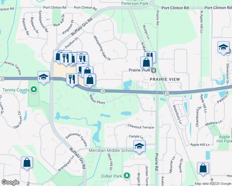 map of restaurants, bars, coffee shops, grocery stores, and more near 190 Willow Parkway in Buffalo Grove