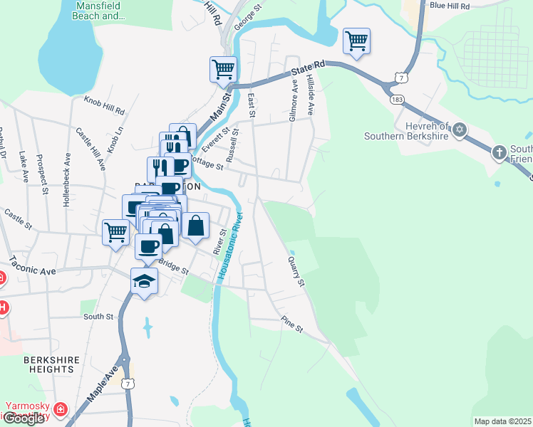 map of restaurants, bars, coffee shops, grocery stores, and more near 2-36 Quarry Street in Great Barrington