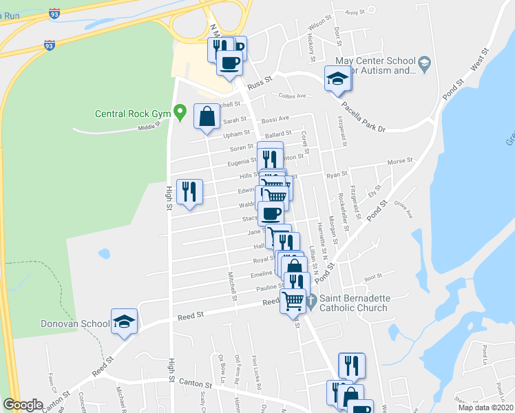 map of restaurants, bars, coffee shops, grocery stores, and more near 8 Waldo Street in Randolph