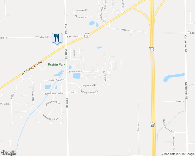 map of restaurants, bars, coffee shops, grocery stores, and more near 3214 Primrose Lane in Ypsilanti