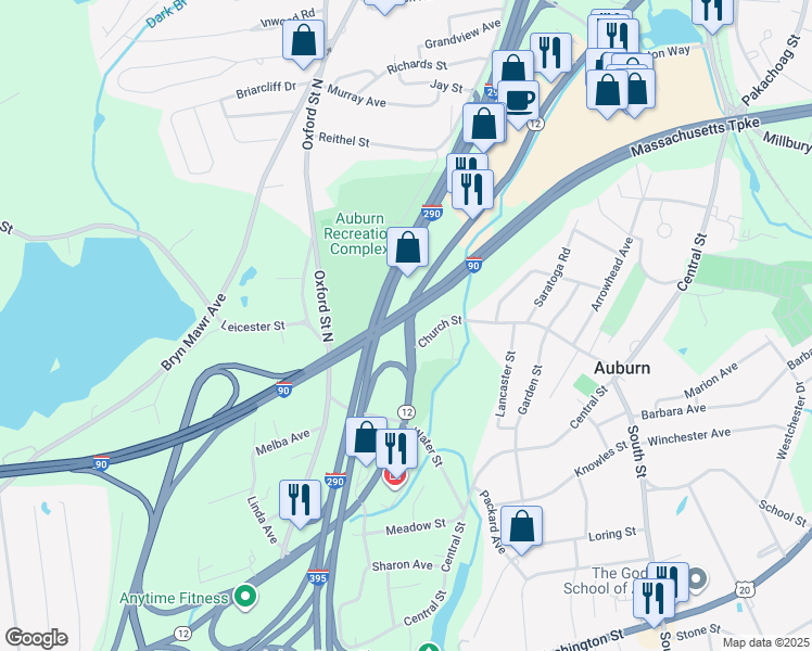 map of restaurants, bars, coffee shops, grocery stores, and more near 492 Southbridge St in Auburn