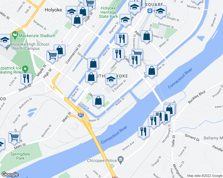 map of restaurants, bars, coffee shops, grocery stores, and more near 596 South Bridge Street in Holyoke