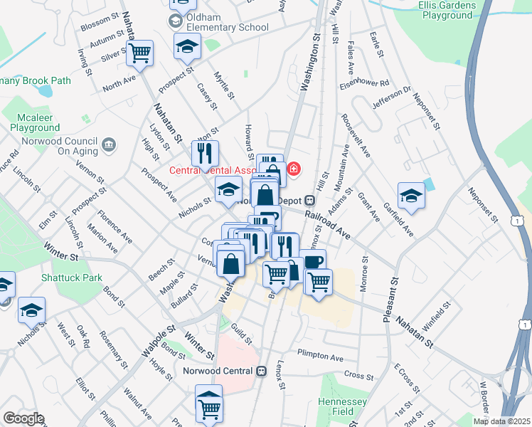 map of restaurants, bars, coffee shops, grocery stores, and more near 526 Washington Street in Norwood