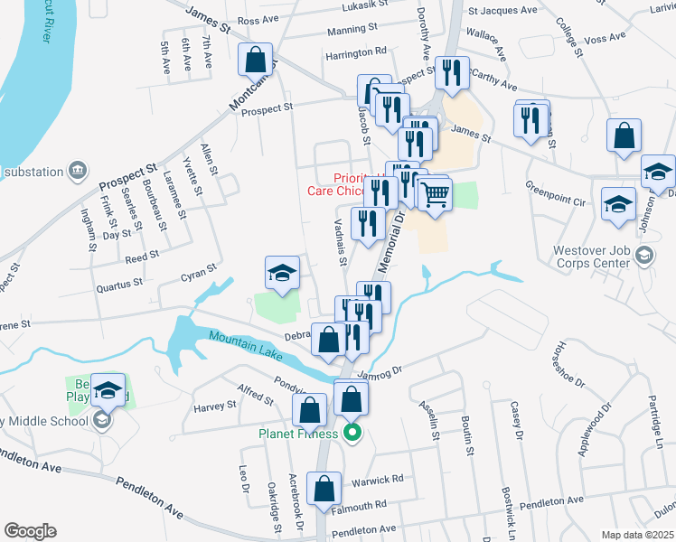 map of restaurants, bars, coffee shops, grocery stores, and more near 196 Jacob Street in Chicopee