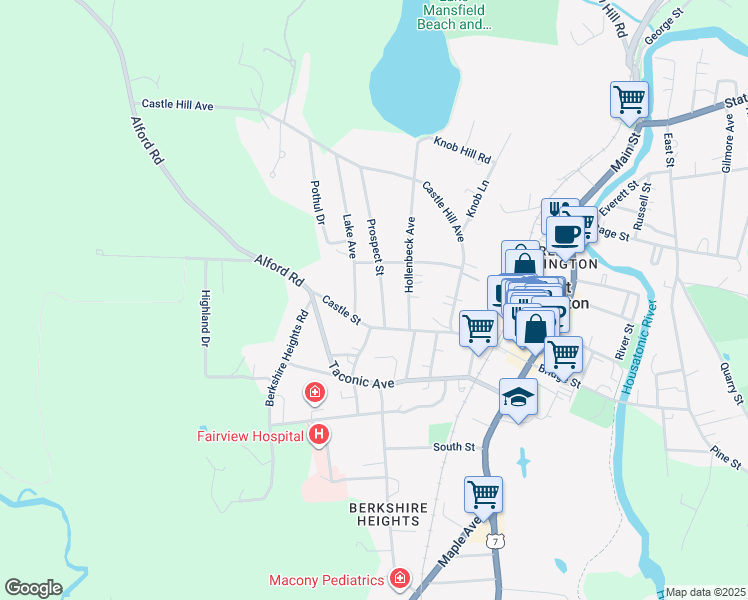 map of restaurants, bars, coffee shops, grocery stores, and more near 2-18 Prospect St in Great Barrington