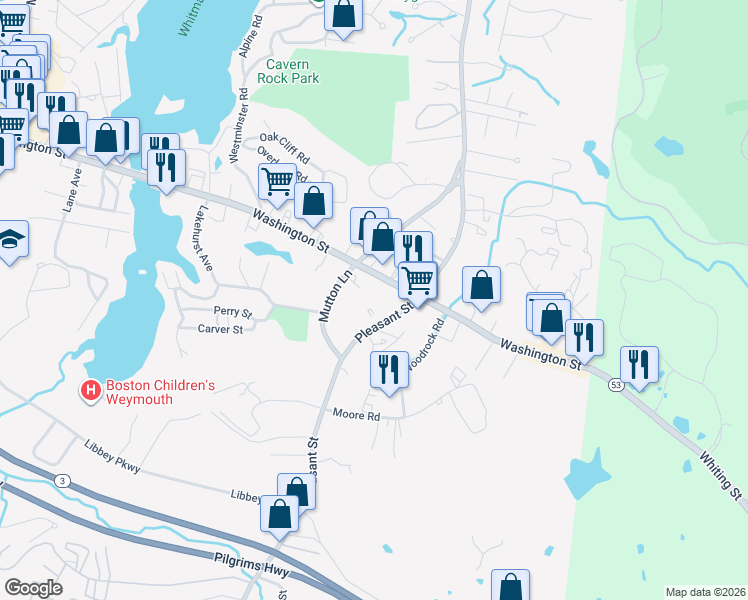 map of restaurants, bars, coffee shops, grocery stores, and more near 1197 Washington Street in Weymouth