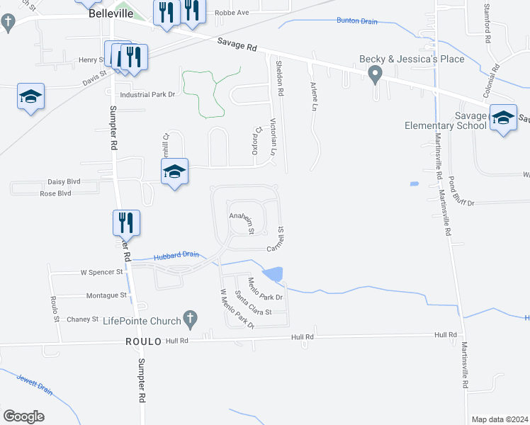 map of restaurants, bars, coffee shops, grocery stores, and more near 203 Belle Villa Boulevard in Belleville