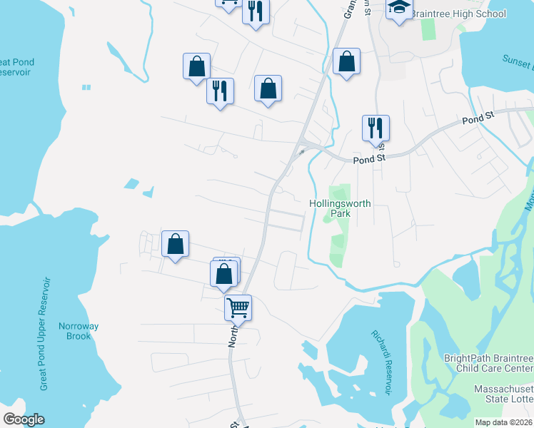 map of restaurants, bars, coffee shops, grocery stores, and more near 0 Regis Road in Braintree