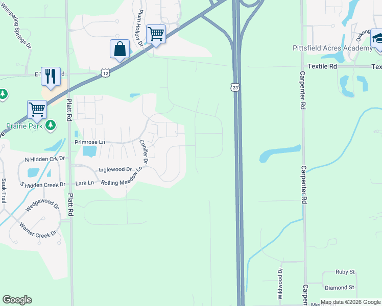 map of restaurants, bars, coffee shops, grocery stores, and more near 4340 Rolling Meadow Lane in Ypsilanti