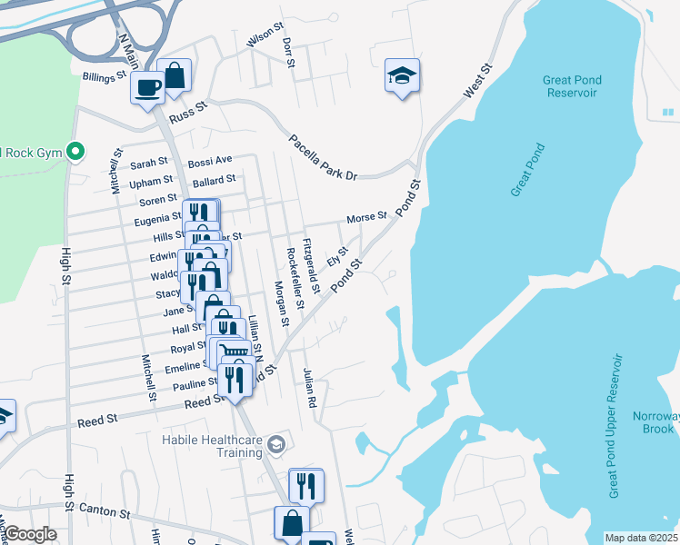 map of restaurants, bars, coffee shops, grocery stores, and more near 4 Lawson Street in Randolph
