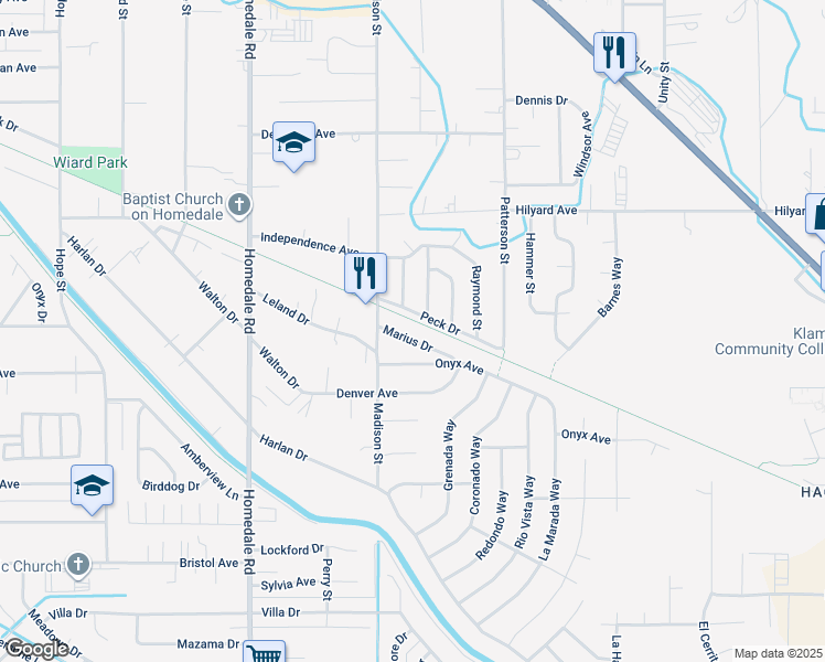 map of restaurants, bars, coffee shops, grocery stores, and more near 3308 Caroline Street in Klamath Falls