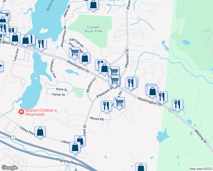 map of restaurants, bars, coffee shops, grocery stores, and more near 1198 Washington Street in Weymouth