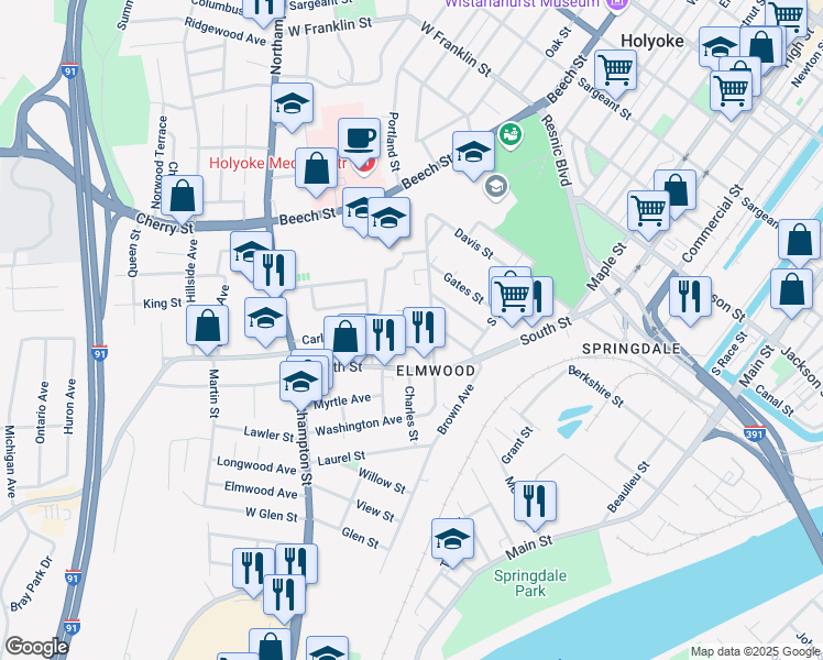 map of restaurants, bars, coffee shops, grocery stores, and more near 9-11 Quirk Avenue in Holyoke