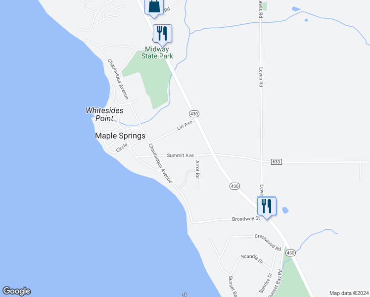 map of restaurants, bars, coffee shops, grocery stores, and more near 5549 Lin Avenue in Bemus Point