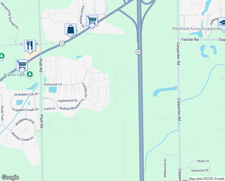 map of restaurants, bars, coffee shops, grocery stores, and more near 4340 Rolling Meadow Lane in Ypsilanti