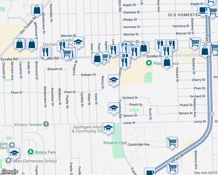 map of restaurants, bars, coffee shops, grocery stores, and more near 15400 Trenton Road in Southgate