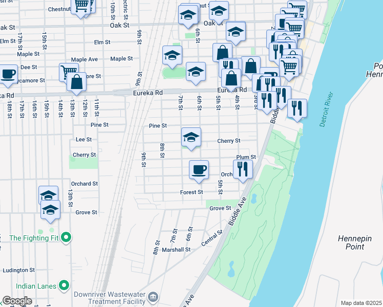 map of restaurants, bars, coffee shops, grocery stores, and more near 640 Plum Street in Wyandotte