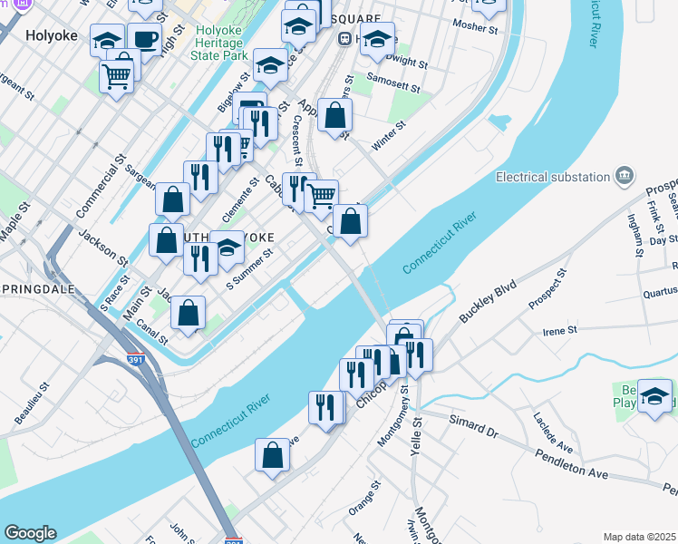 map of restaurants, bars, coffee shops, grocery stores, and more near in Holyoke