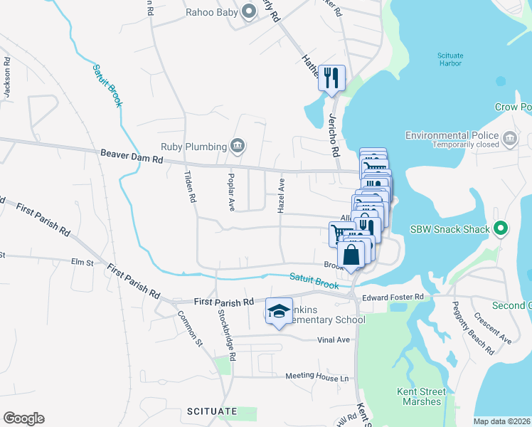 map of restaurants, bars, coffee shops, grocery stores, and more near 39 Hazel Avenue in Scituate