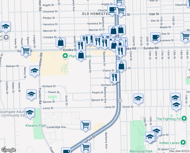 map of restaurants, bars, coffee shops, grocery stores, and more near 13132 Plum Street in Southgate