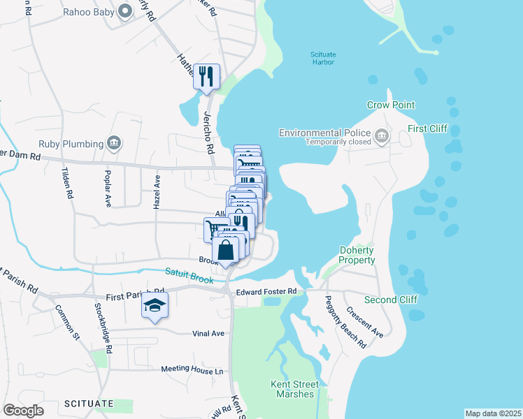 map of restaurants, bars, coffee shops, grocery stores, and more near 25 Old Dock Street in Scituate