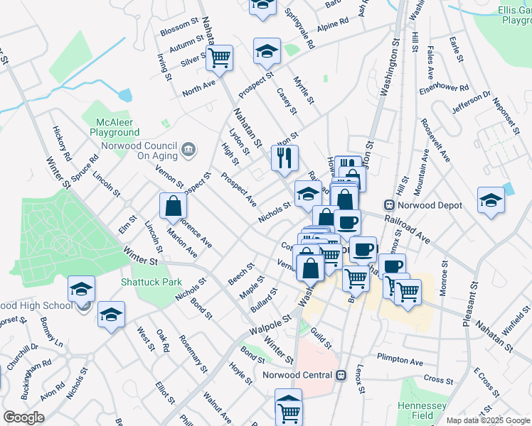 map of restaurants, bars, coffee shops, grocery stores, and more near 19 Prospect Avenue in Norwood