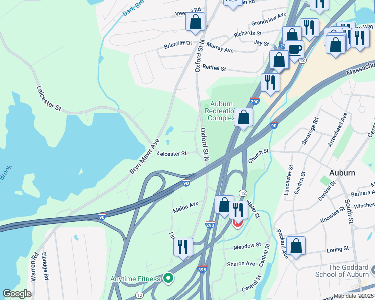 map of restaurants, bars, coffee shops, grocery stores, and more near 430 Oxford Street North in Auburn