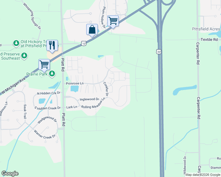 map of restaurants, bars, coffee shops, grocery stores, and more near 3332 Primrose Lane in Ypsilanti