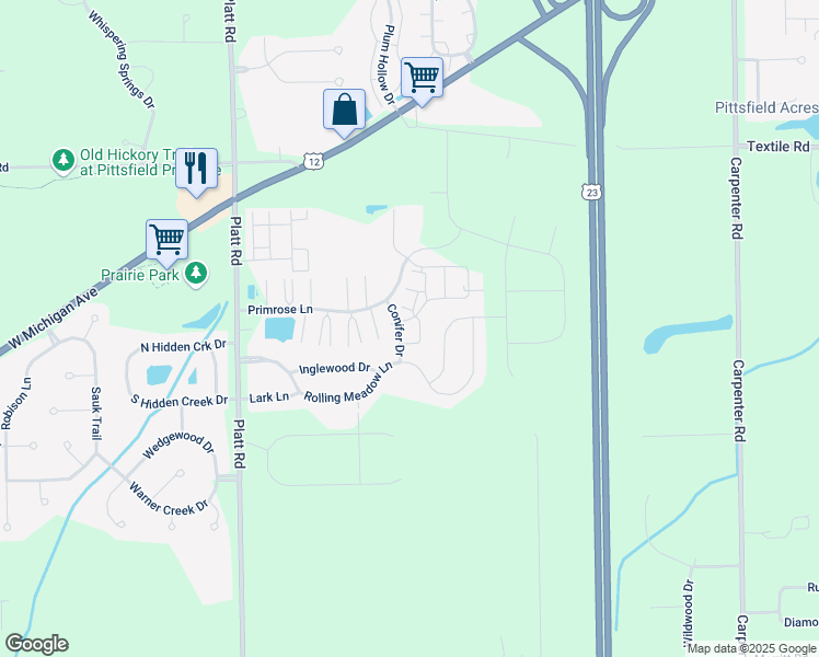 map of restaurants, bars, coffee shops, grocery stores, and more near 3332 Primrose Lane in Ypsilanti