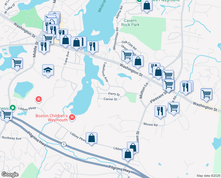 map of restaurants, bars, coffee shops, grocery stores, and more near 8 Patterson Street in Weymouth