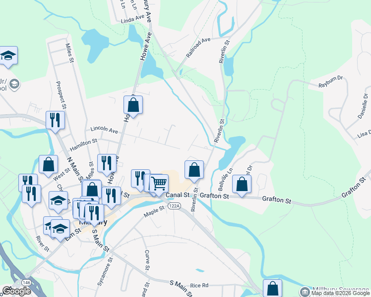 map of restaurants, bars, coffee shops, grocery stores, and more near 5 Mayfair Lane in Millbury
