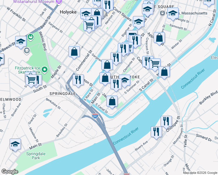 map of restaurants, bars, coffee shops, grocery stores, and more near 299 Clemente Street in Holyoke