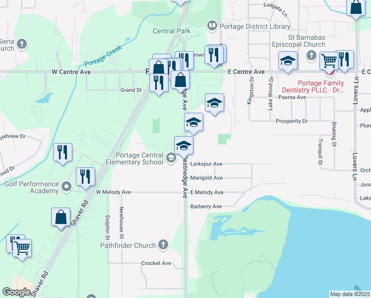 map of restaurants, bars, coffee shops, grocery stores, and more near 8305 South Westnedge Avenue in Portage