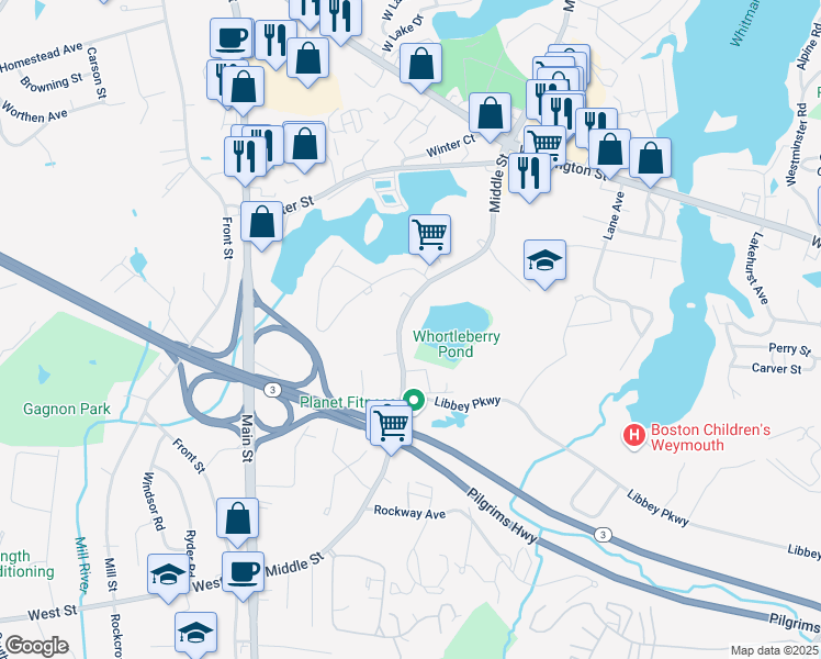 map of restaurants, bars, coffee shops, grocery stores, and more near 861 Middle Street in Weymouth
