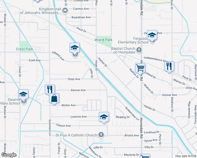 map of restaurants, bars, coffee shops, grocery stores, and more near Onyx Avenue in Klamath Falls