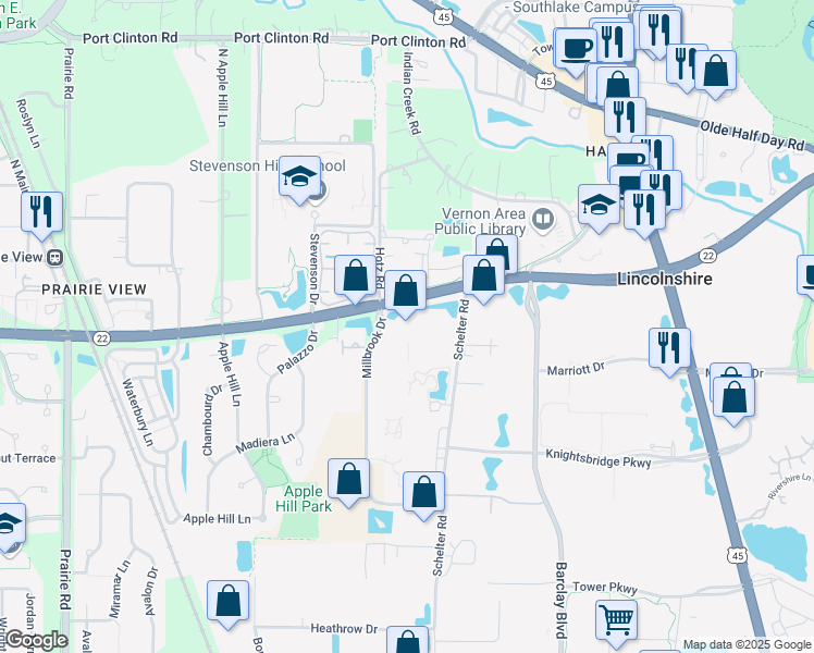 map of restaurants, bars, coffee shops, grocery stores, and more near 475 Half Day Road in Lincolnshire
