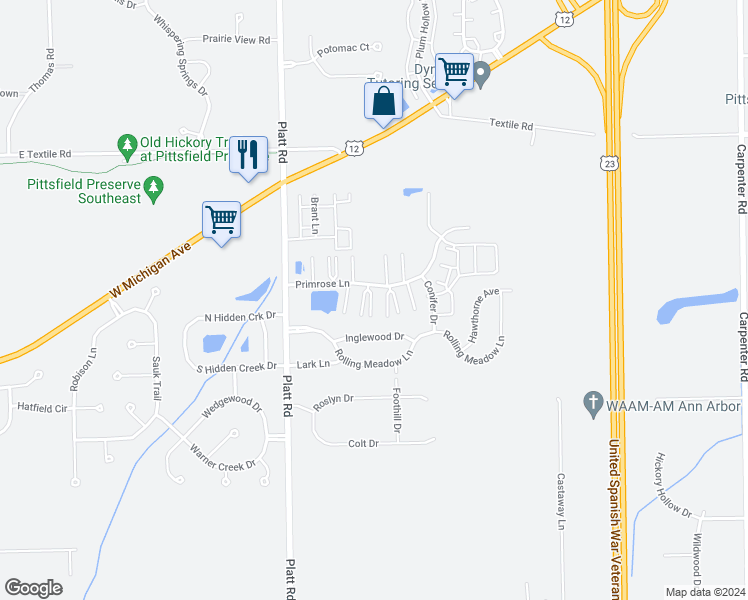 map of restaurants, bars, coffee shops, grocery stores, and more near 3186 Primrose Lane in Ypsilanti