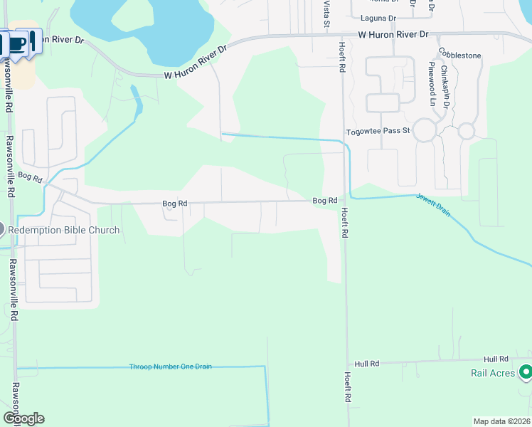 map of restaurants, bars, coffee shops, grocery stores, and more near 49905 Bog Road in Belleville