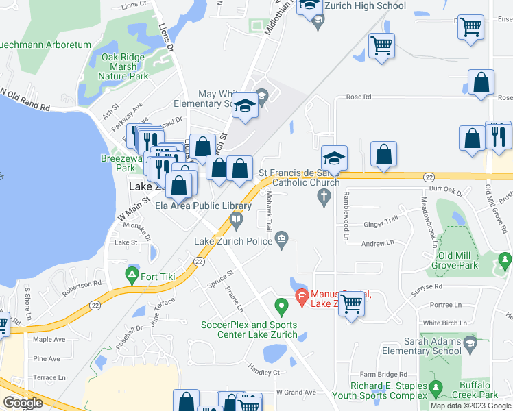 map of restaurants, bars, coffee shops, grocery stores, and more near 118 Potawatomi Trail in Lake Zurich
