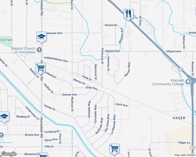 map of restaurants, bars, coffee shops, grocery stores, and more near 3302 Patterson Street in Klamath Falls