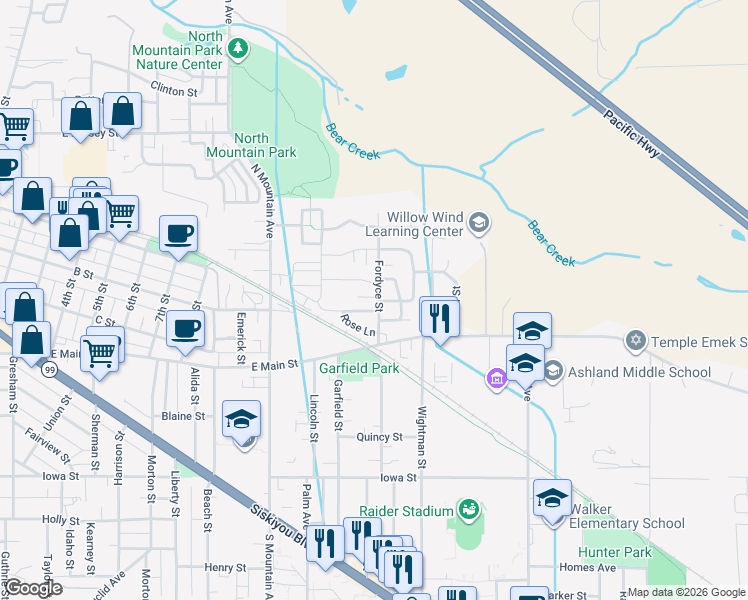 map of restaurants, bars, coffee shops, grocery stores, and more near 1330 Evan Lane in Ashland