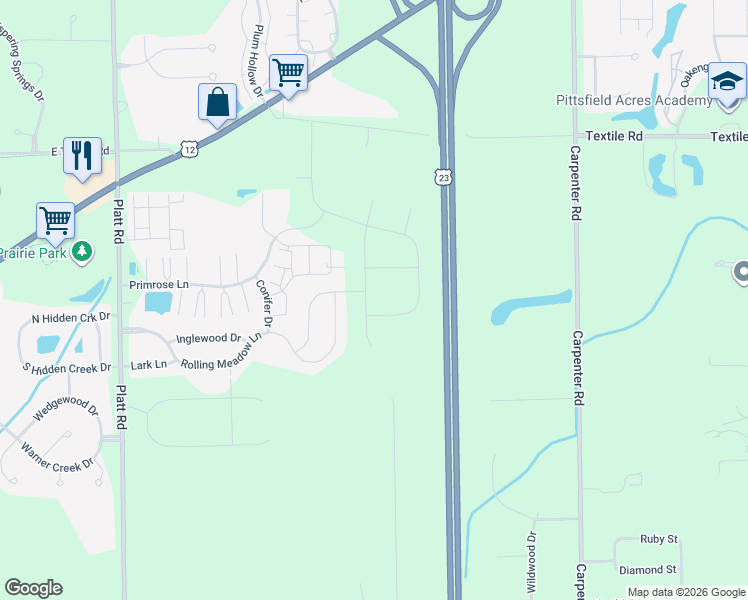 map of restaurants, bars, coffee shops, grocery stores, and more near 3488 Primrose Lane in Ypsilanti
