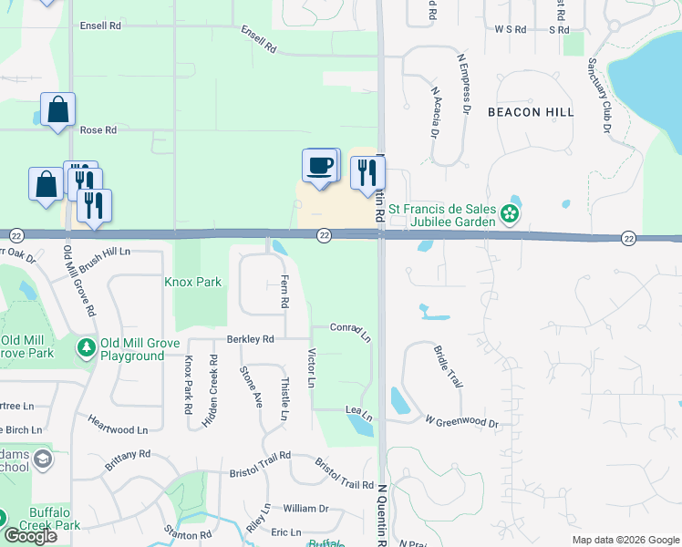 map of restaurants, bars, coffee shops, grocery stores, and more near 99 North Quentin Road in Lake Zurich