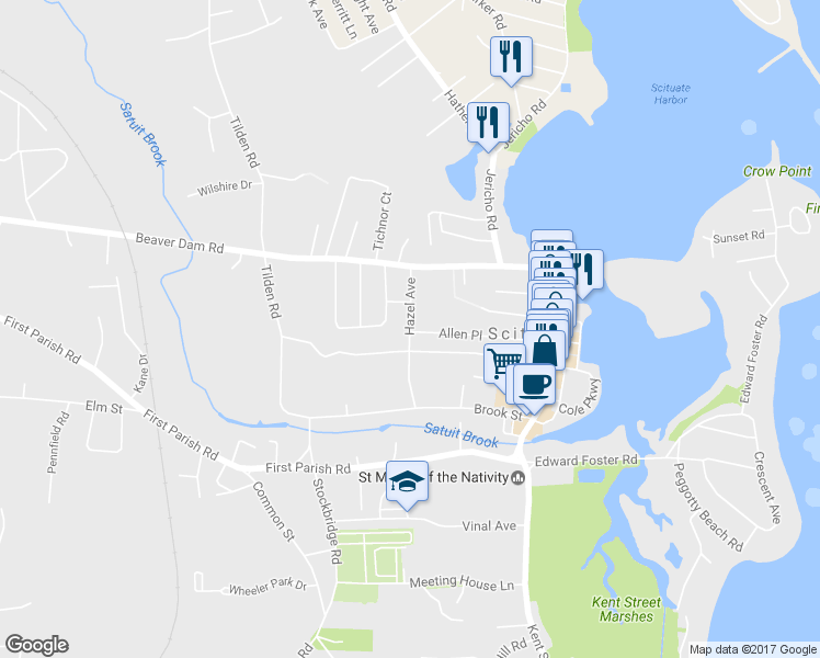 map of restaurants, bars, coffee shops, grocery stores, and more near 39 Hazel Avenue in Scituate